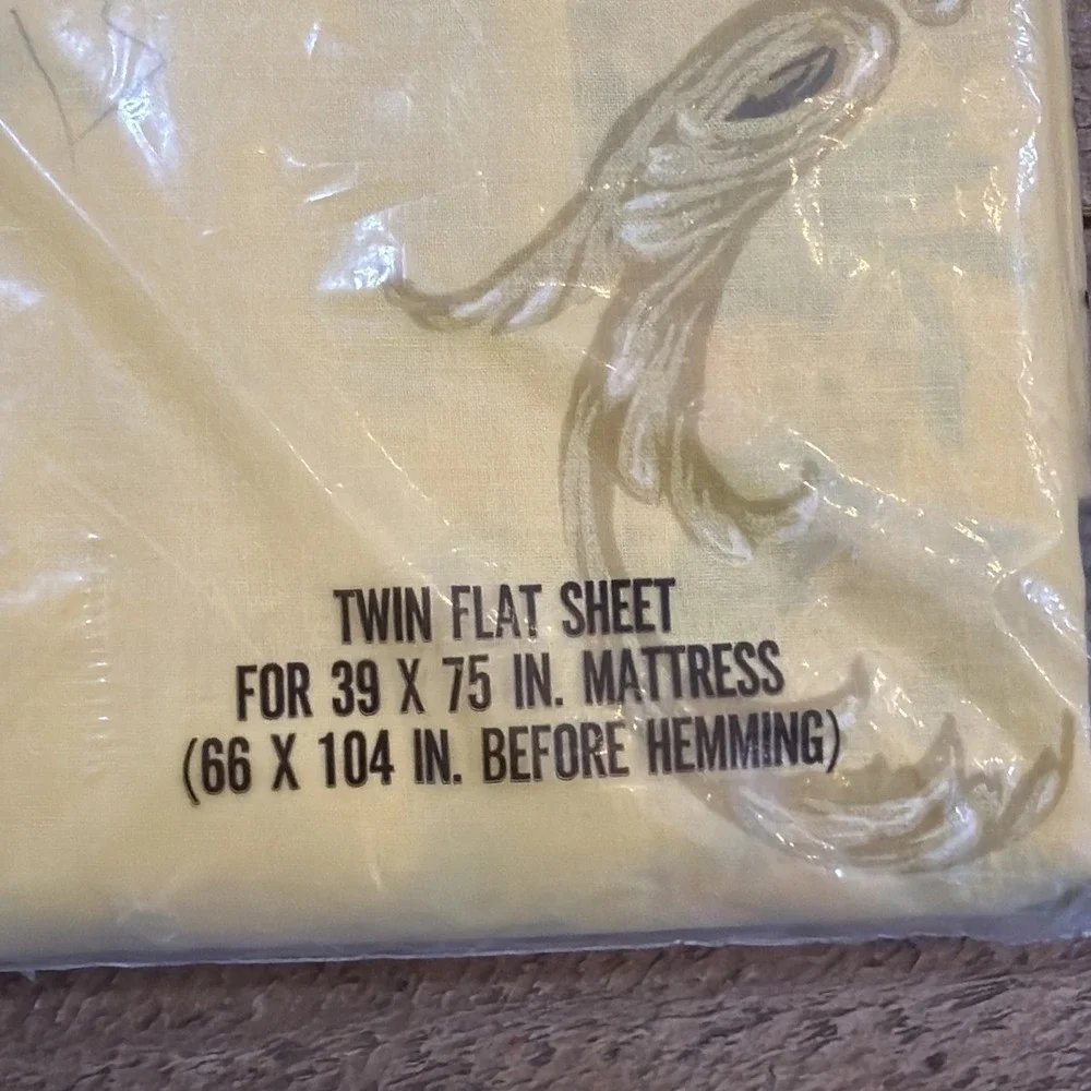 Vintage 70s Meadowbrook Floral Twin Flat Sheet Yellow Muslin New NOS Irregular